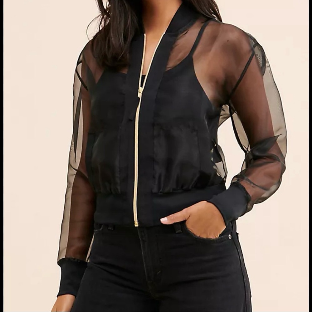 GSTQ Sheer Black Mesh Bomber Jacket with Gold Zip